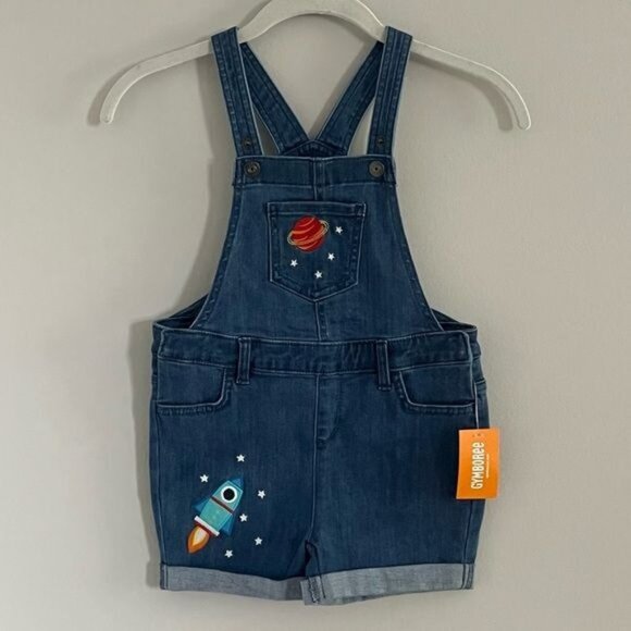 Gymboree Embroidered Space Denim Shortalls - Picture 1 of 5